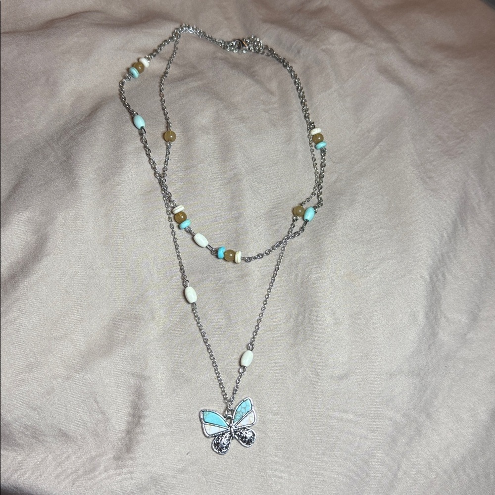 Butterfly Pendant Necklace with Blue and White Beads